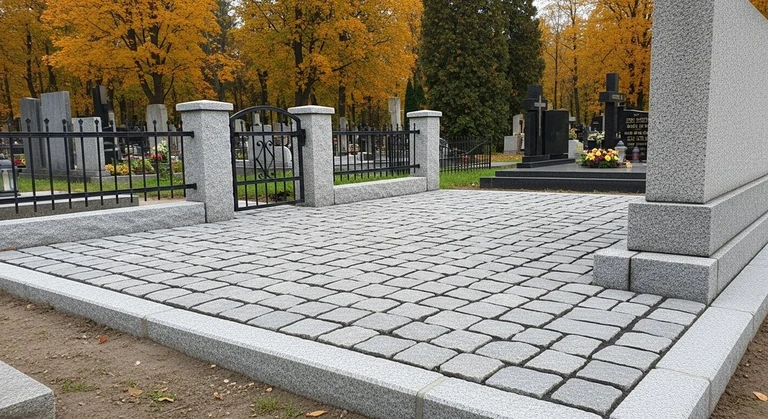 Благоустройство захоронений в Ставрополе — мощение гранитной плиткой, цоколь и ограда на ухоженном участке
