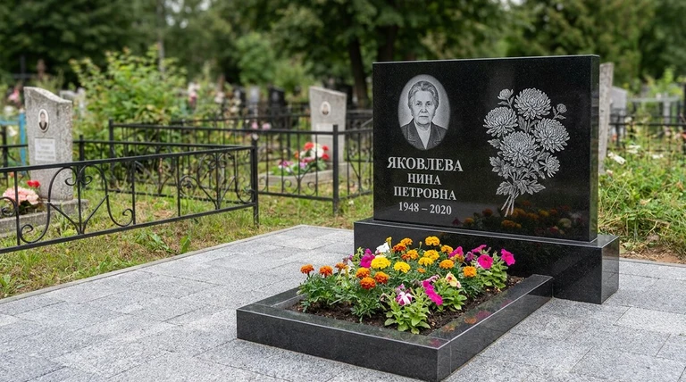 Гравировка хризантем на памятник в Ставрополе — пример работы на граните