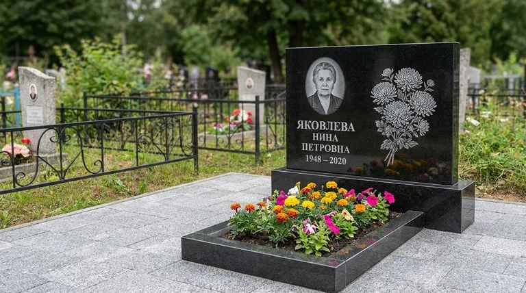 Памятник с гравировкой хризантем — выполненная работа «Соколов» в Ставрополе