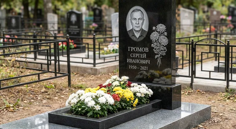 Памятник с гравировкой хризантем — выполненная работа «Громов» в Ставрополе