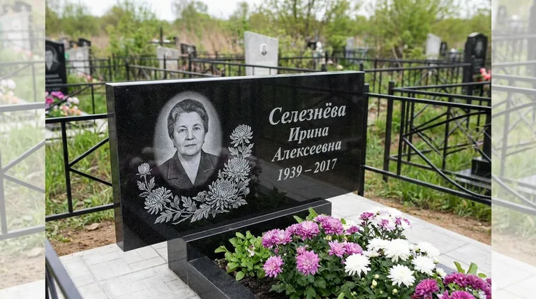 Памятник с гравировкой хризантем — выполненная работа «Селезнёва» в Ставрополе