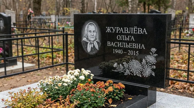 Памятник с гравировкой хризантем — выполненная работа «Журавлёва» в Ставрополе