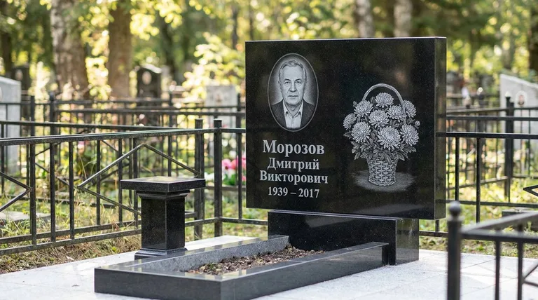 Памятник с гравировкой хризантем — выполненная работа «Морозов» в Ставрополе