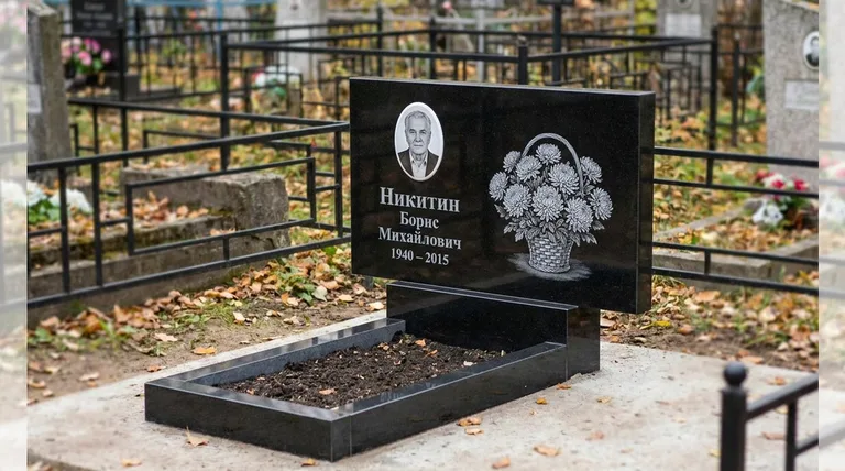 Памятник с гравировкой хризантем — выполненная работа «Никитин» в Ставрополе