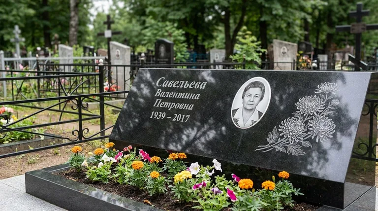 Памятник с гравировкой хризантем — выполненная работа «Савельева» в Ставрополе