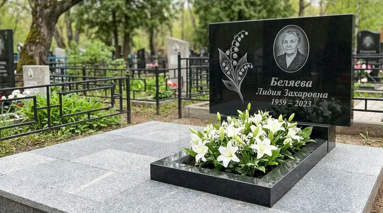 Памятник с гравировкой ландышей — выполненная работа «Беляева» в Ставрополе