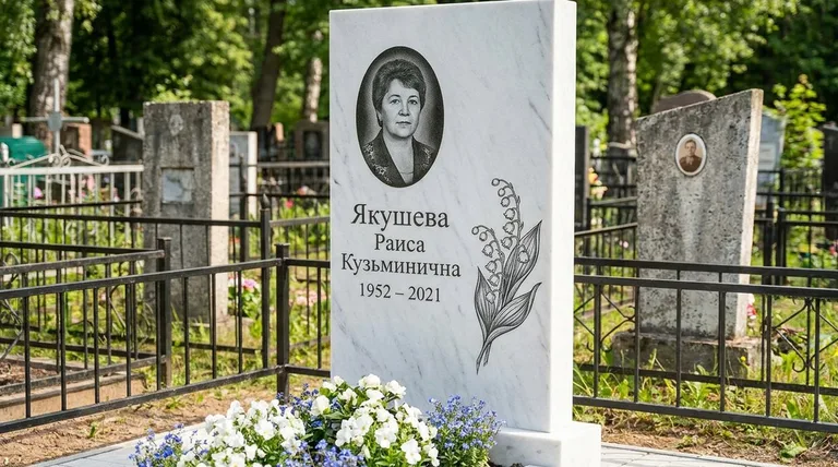 Памятник с гравировкой ландышей — выполненная работа «Якушева» в Ставрополе