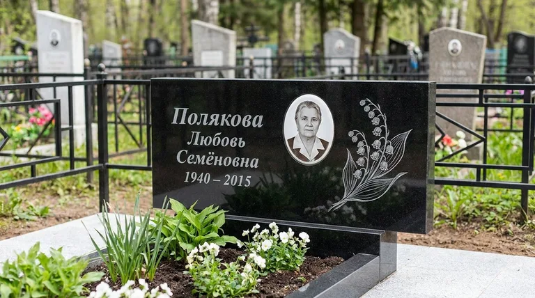 Памятник с гравировкой ландышей — выполненная работа «Полякова» в Ставрополе