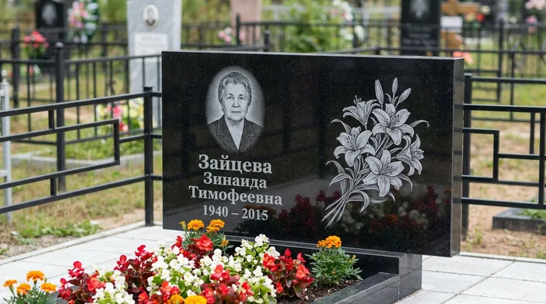 Памятник с гравировкой лилий — выполненная работа «Зайцева» в Ставрополе