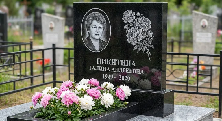 Памятник с гравировкой пионов — выполненная работа «Никитина» в Ставрополе
