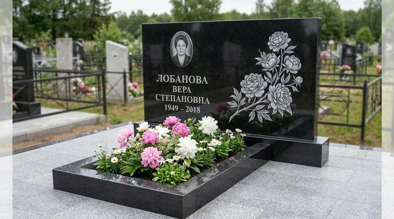 Памятник с гравировкой пионов — выполненная работа «Лобанова» в Ставрополе