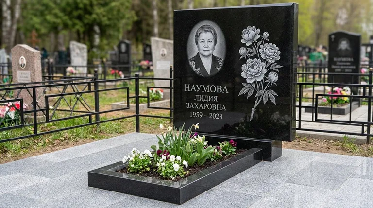 Памятник с гравировкой пионов — выполненная работа «Наумова» в Ставрополе