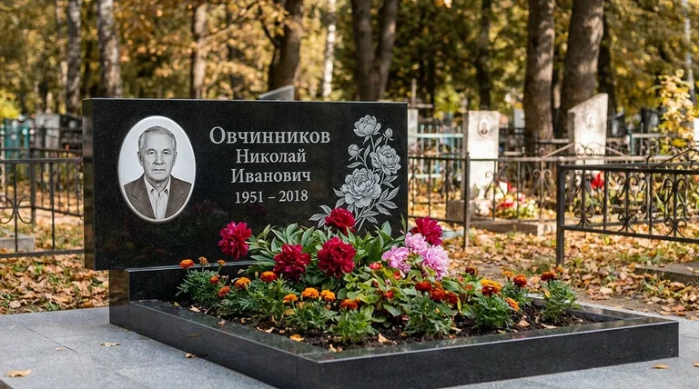 Памятник с гравировкой пионов — выполненная работа «Овчинников» в Ставрополе