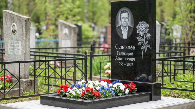 Памятник с гравировкой пионов — выполненная работа «Селезнёв» в Ставрополе