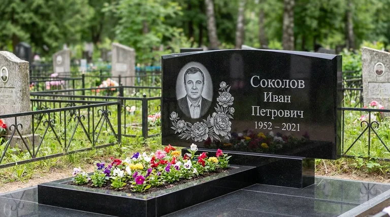 Памятник с гравировкой пионов — выполненная работа «Соколов» в Ставрополе