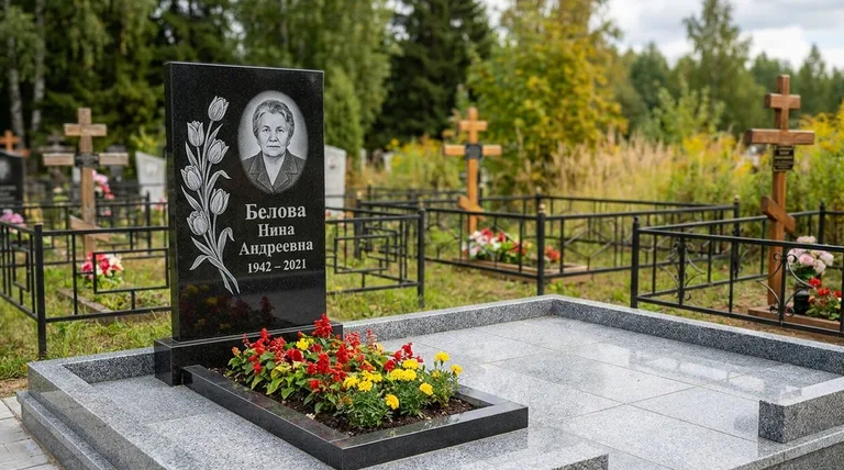 Памятник с гравировкой тюльпанов — выполненная работа «Белова» в Ставрополе