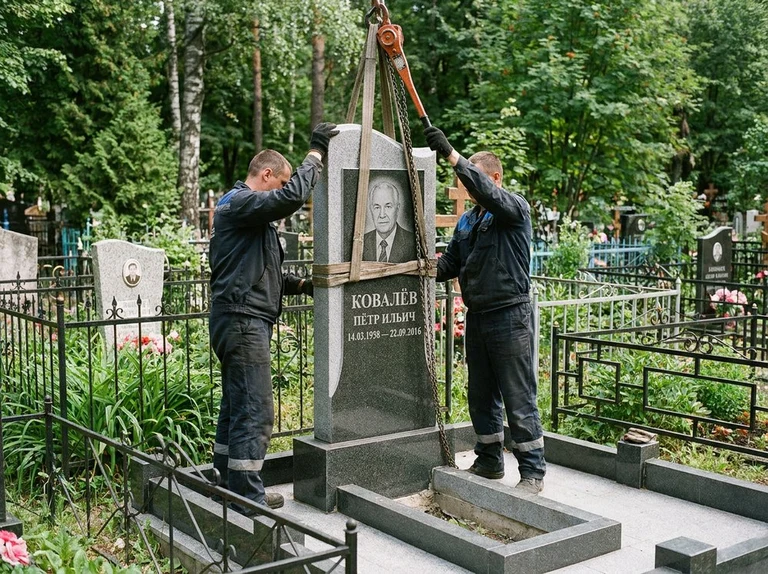 Демонтаж памятника на кладбище в Ставрополе — бригада аккуратно снимает старый гранитный памятник с могилы