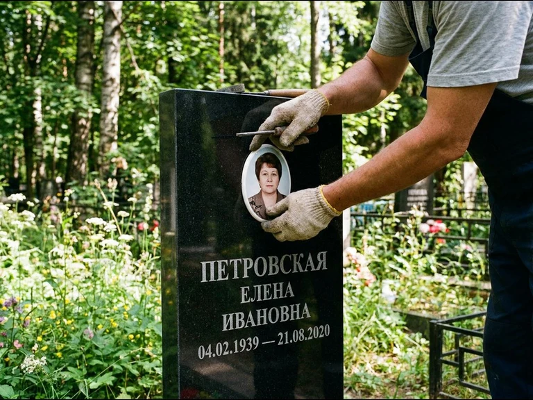 Фото на керамике на памятник в Ставрополе — мастер устанавливает овальный керамический портрет на гранитный памятник