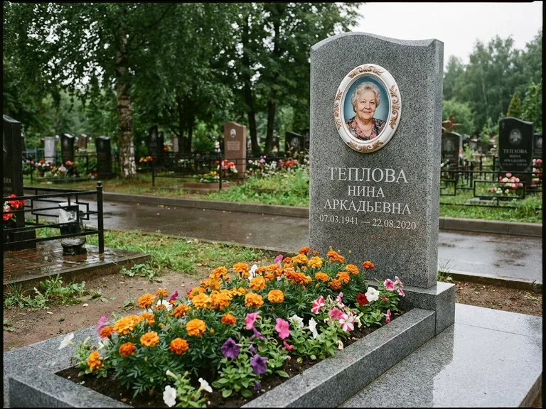 Керамический портрет на памятнике с цветами в Ставрополе