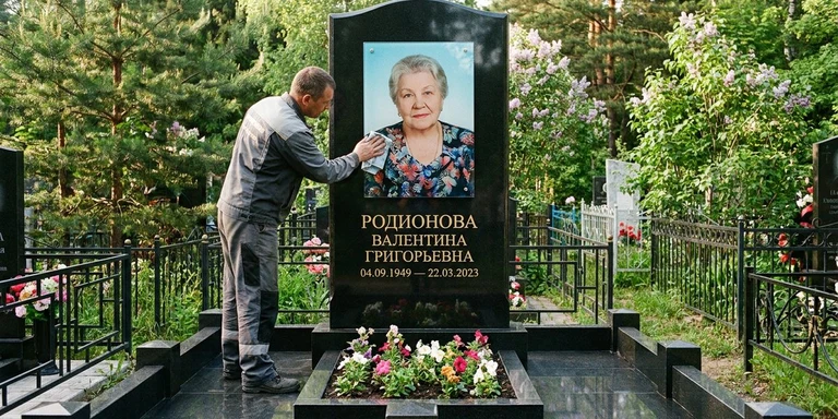 Фотокерамика и печать фото на памятник в Ставрополе — мастер устанавливает цветной портрет на стекле на гранитный памятник