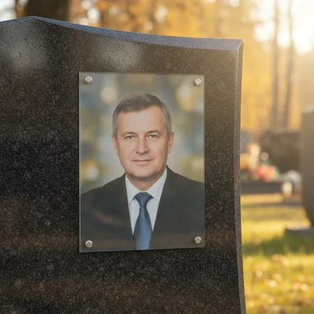 Портрет на стекле на держателях на чёрном граните в Ставрополе
