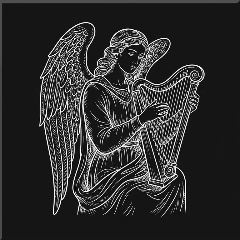 Эскиз гравировки ангела на памятник — ангел, играющий на арфе в Ставрополе