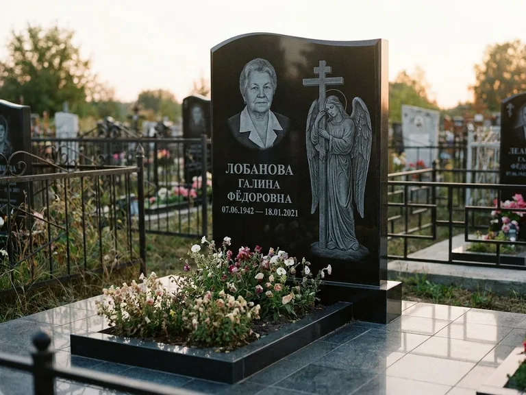Памятник с гравировкой ангела — гравировка ангела с крестом рядом с эпитафией, работа «Лобанова» в Ставрополе