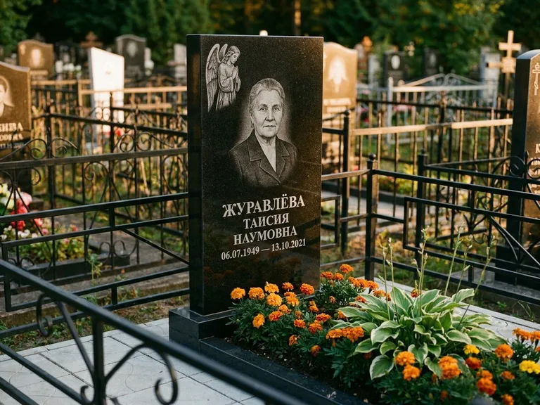 Памятник с гравировкой ангела — гравировка молящегося ангела в верхней части стелы, работа «Журавлёва» в Ставрополе