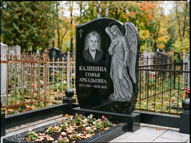 Памятник с гравировкой ангела — гравировка ангела с крестом рядом с эпитафией, работа «Игнатова» в Ставрополе