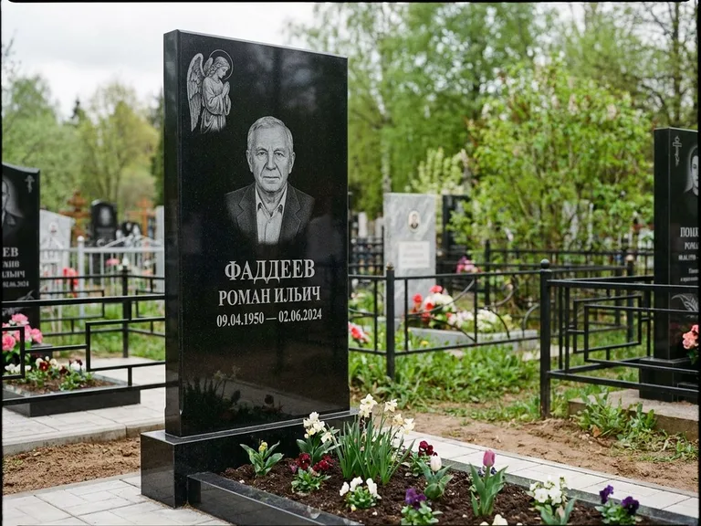Памятник с гравировкой ангела — гравировка молящегося ангела в верхней части стелы, работа «Фаддеев» в Ставрополе