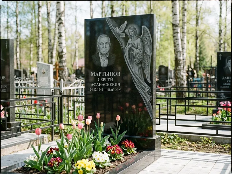 Памятник с гравировкой ангела — гравировка двух ангелов по сторонам портрета, работа «Касаткин» в Ставрополе