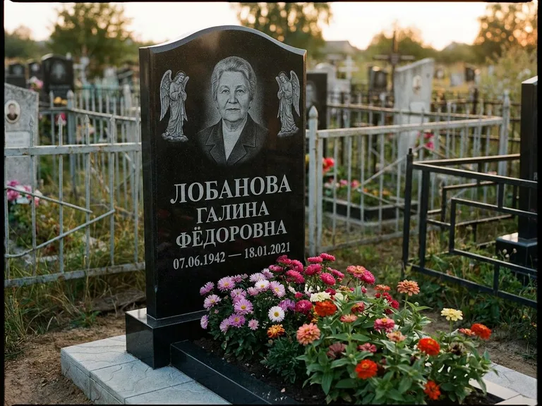 Памятник с гравировкой ангела — гравировка двух ангелов по сторонам портрета, работа «Лобанова» в Ставрополе