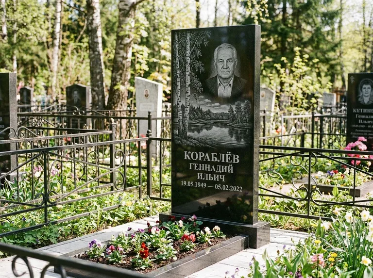 Памятник с гравировкой берёзы — гравировка берёзы у зеркального озера, работа «Кораблёв» в Ставрополе