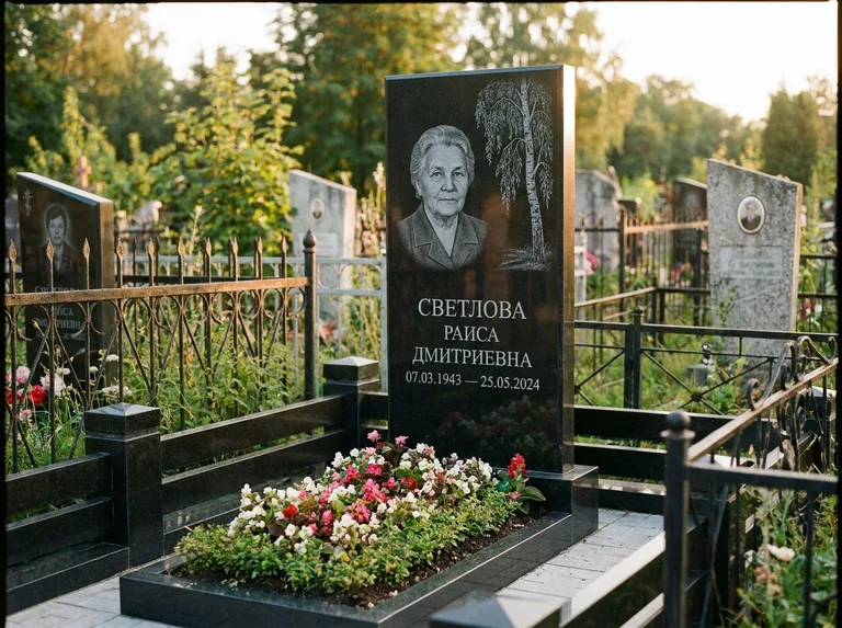Памятник с гравировкой берёзы — гравировка плакучей берёзы с тонкими ветвями, работа «Светлова» в Ставрополе