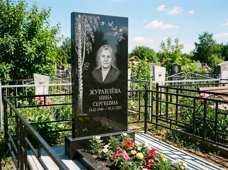 Памятник с гравировкой берёзы — гравировка берёзы с журавлиным клином в небе, работа «Журавлёва» в Ставрополе
