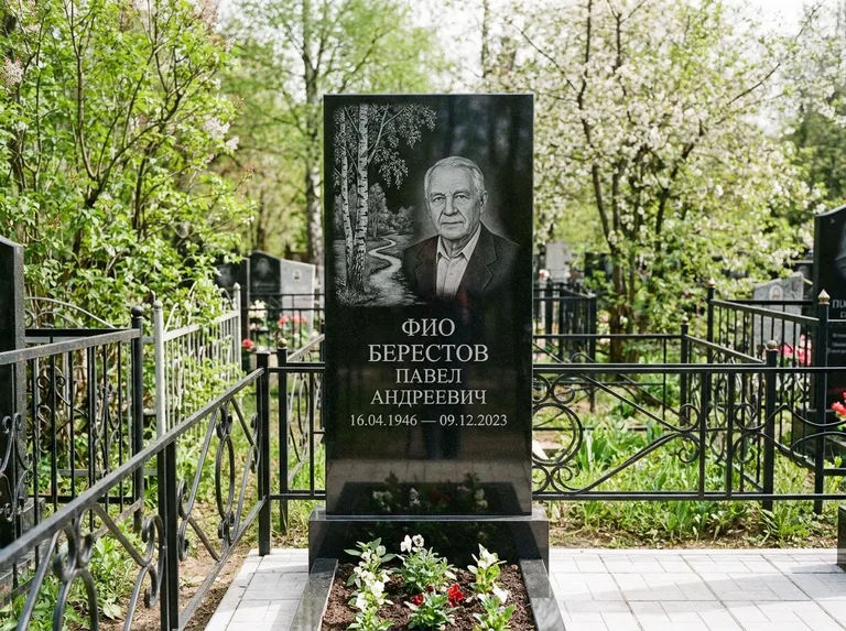 Памятник с гравировкой берёзы — гравировка берёзы у тропинки, уходящей вдаль, работа «Берестов» в Ставрополе