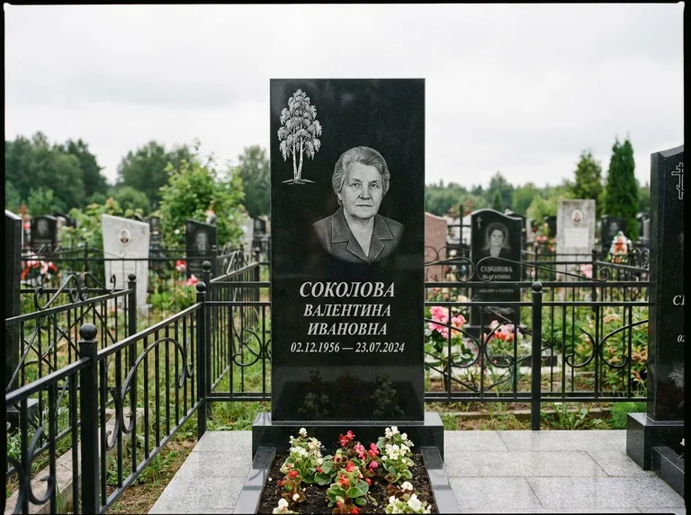 Памятник с гравировкой берёзы — гравировка одинокой берёзы над именем, работа «Соколова» в Ставрополе