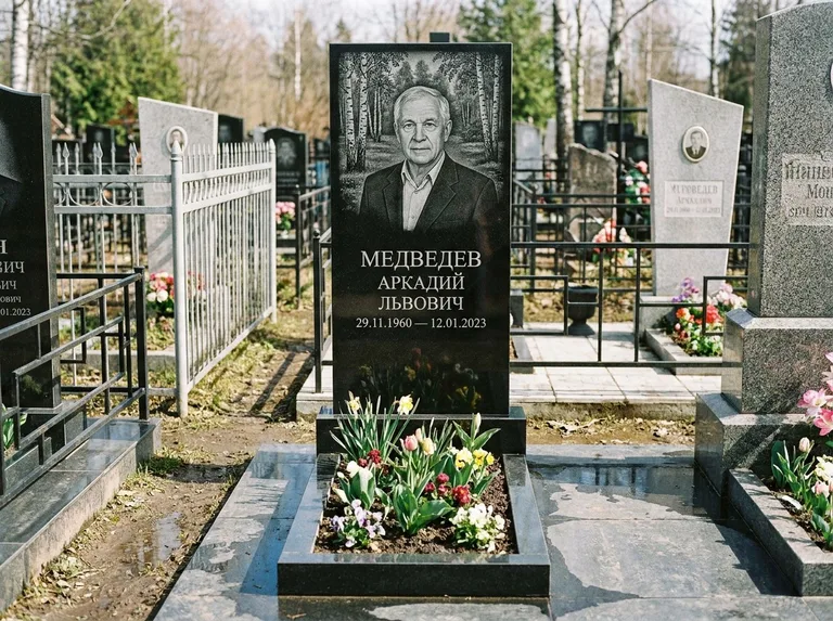 Памятник с гравировкой берёзы — гравировка берёзовой рощи в глубину, работа «Медведев» в Ставрополе