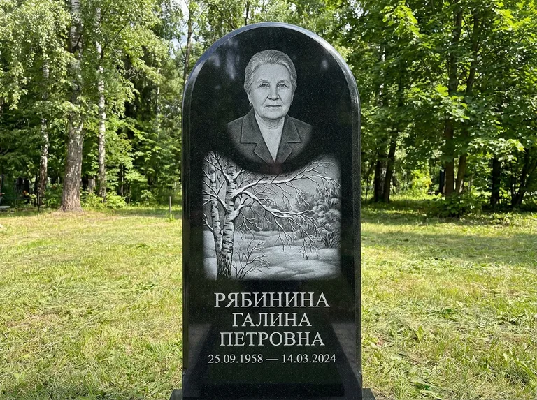 Памятник с гравировкой берёзы: стела с плавным арочным верхом — зимняя берёза, снег на ветвях, газон без ограды, стриженая трава, работа «Рябинина» в Ставрополе