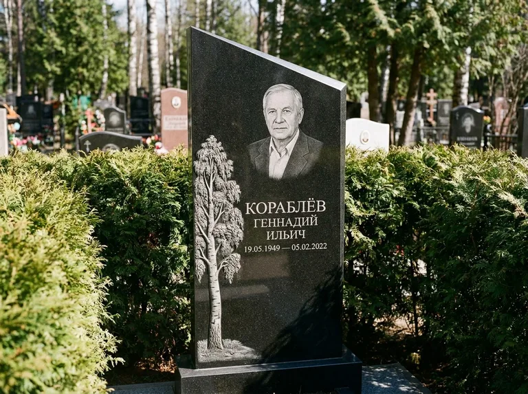Памятник с гравировкой берёзы: асимметричная скошенная стела — объёмная одинокая берёза с фактурной корой, живая изгородь из туи, работа «Кораблёв» в Ставрополе