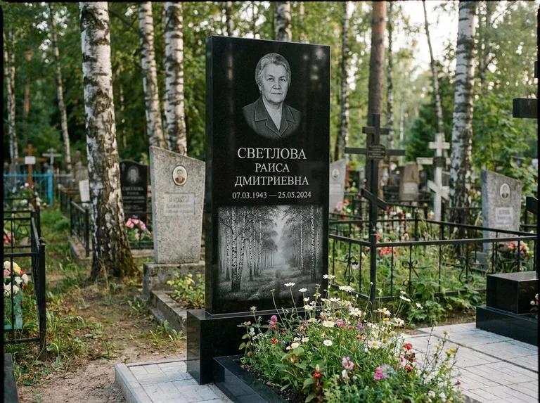 Памятник с гравировкой берёзы: двойная семейная стела — берёзовая роща в лёгкой дымке, цветник с полевыми цветами, работа «Светлова» в Ставрополе