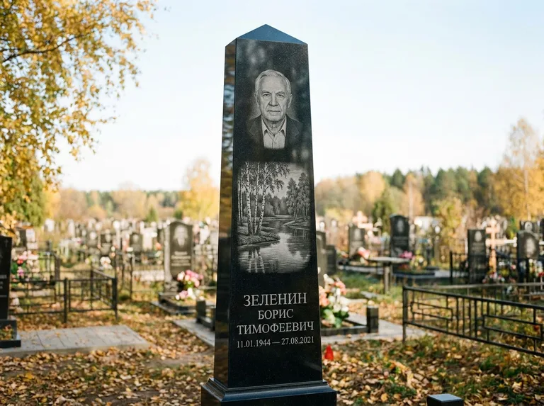 Памятник с гравировкой берёзы: гранёный обелиск-колонна — берёза у воды с отражением, открытый участок, мягкий свет, работа «Зеленин» в Ставрополе