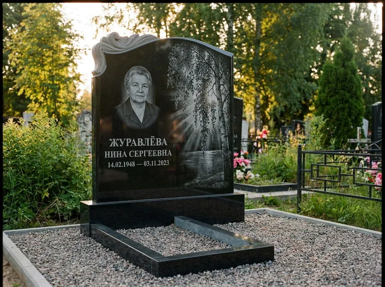 Памятник с гравировкой берёзы: стела с фигурным резным верхом — плакучая берёза в контровом свете, гравийная отсыпка, рассвет, работа «Журавлёва» в Ставрополе