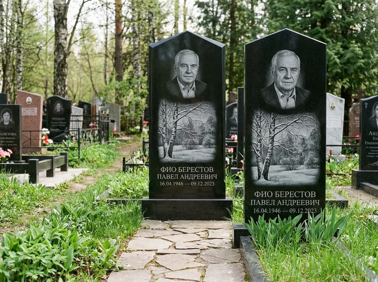 Памятник с гравировкой берёзы: массивная стела с двускатным навершием — зимняя берёза, снег на ветвях, дорожка из природного плитняка, работа «Берестов» в Ставрополе