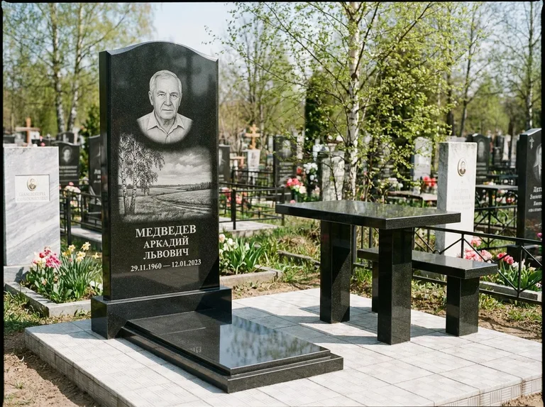 Памятник с гравировкой берёзы: стела с гранитным столиком и скамьёй — берёза у поля, простор до горизонта, семейный участок с плиткой, работа «Медведев» в Ставрополе