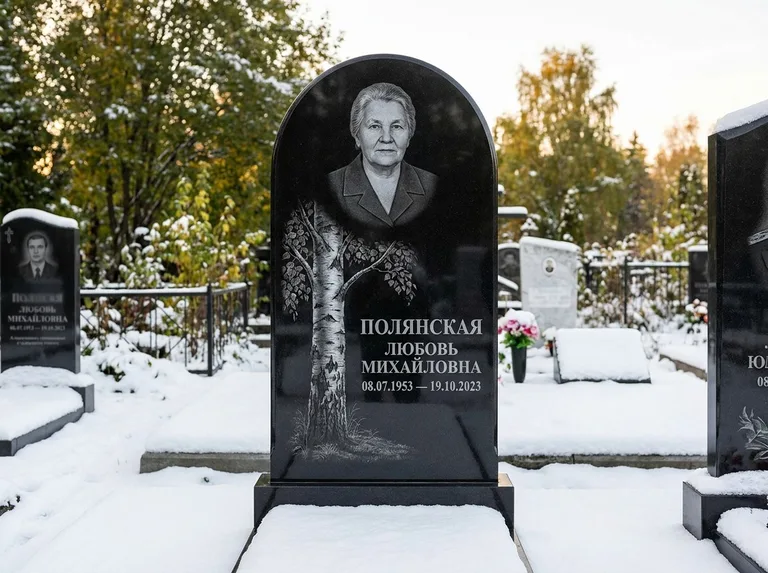 Памятник с гравировкой берёзы: полукруглая стела — объёмная одинокая берёза с фактурной корой, заснеженный зимний участок, работа «Полянская» в Ставрополе