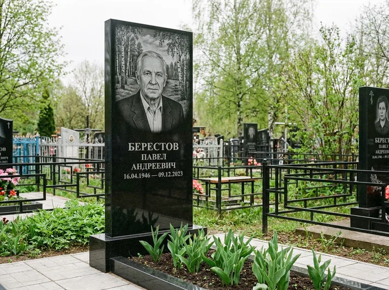 Памятник с гравировкой берёзы — гравировка берёзовой рощи в глубину, работа «Берестов» в Ставрополе