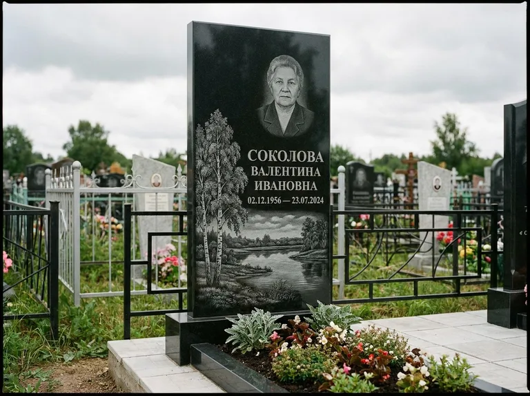 Памятник с гравировкой берёзы — гравировка берёзы у зеркального озера, работа «Соколова» в Ставрополе