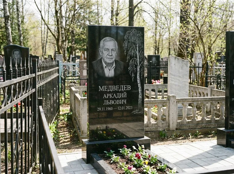 Памятник с гравировкой берёзы — гравировка плакучей берёзы с тонкими ветвями, работа «Медведев» в Ставрополе