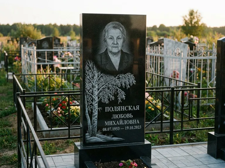 Памятник с гравировкой берёзы — гравировка зимней берёзы в инее, работа «Полянская» в Ставрополе